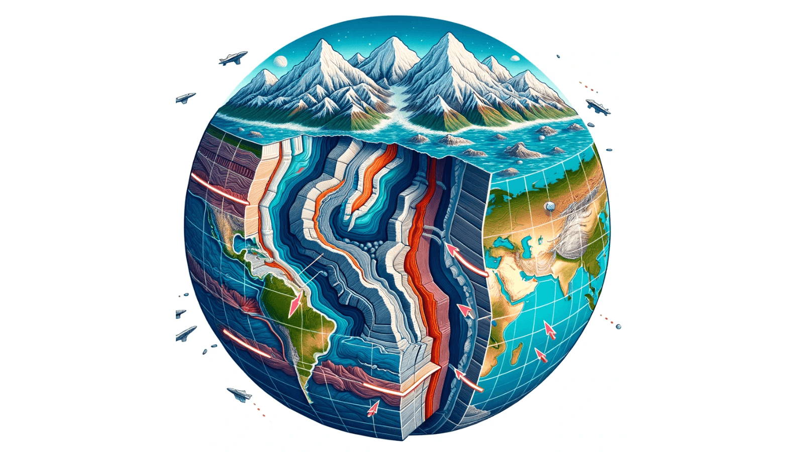 Graphical representation of the collision of the Indian and Eurasian tectonic plates, leading to the formation of the Himalayan mountain range, indicating the movement of the plates and the uplift & folding of the Earth's crust.